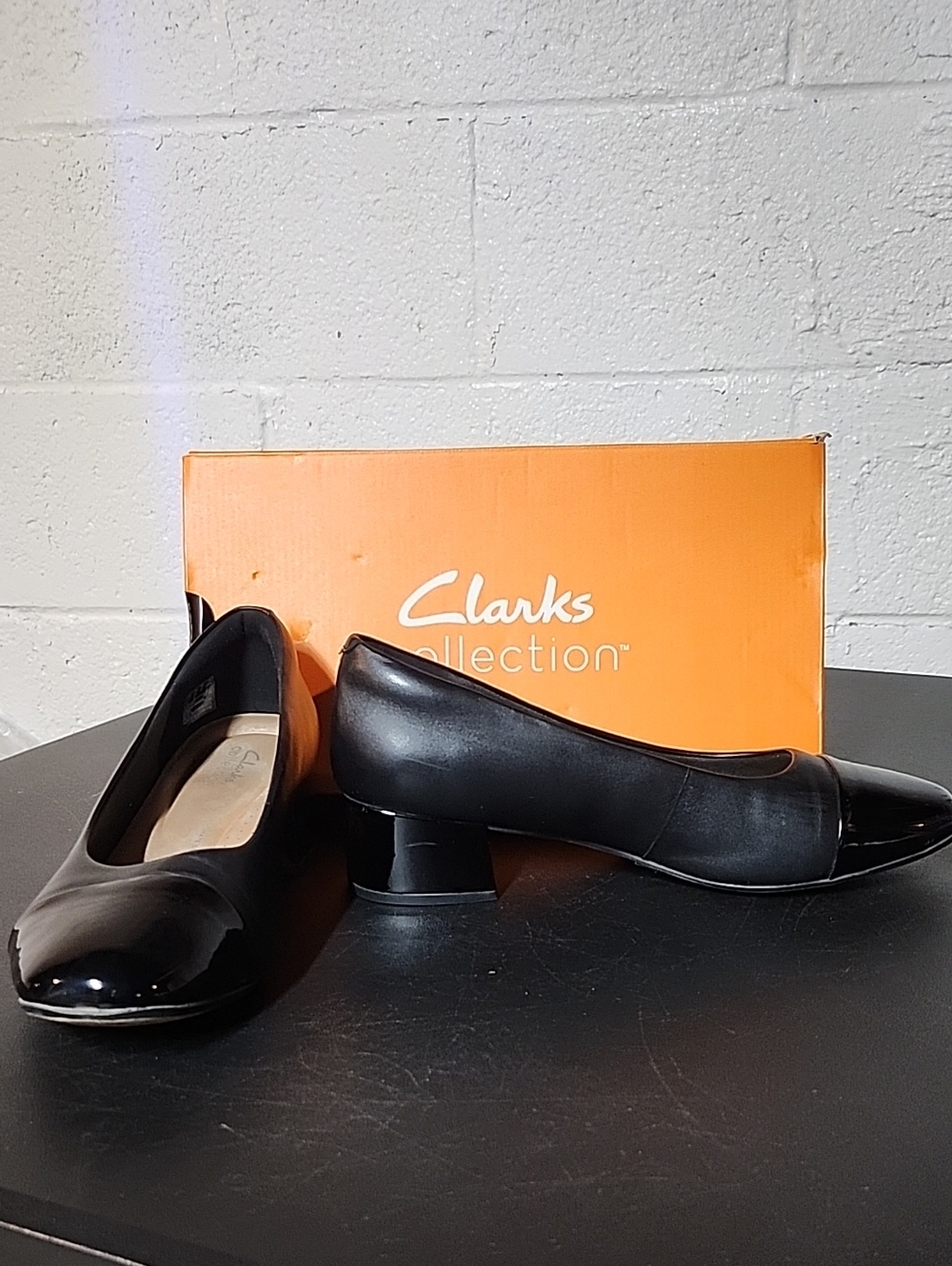 Clarks Black Low Block Heel Patent-Toe Pumps